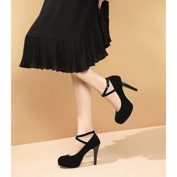 Black Heels For Women Strappy Closed Toe Platform High Heels Pumps Sexy Vintage - Picture 7 of 9